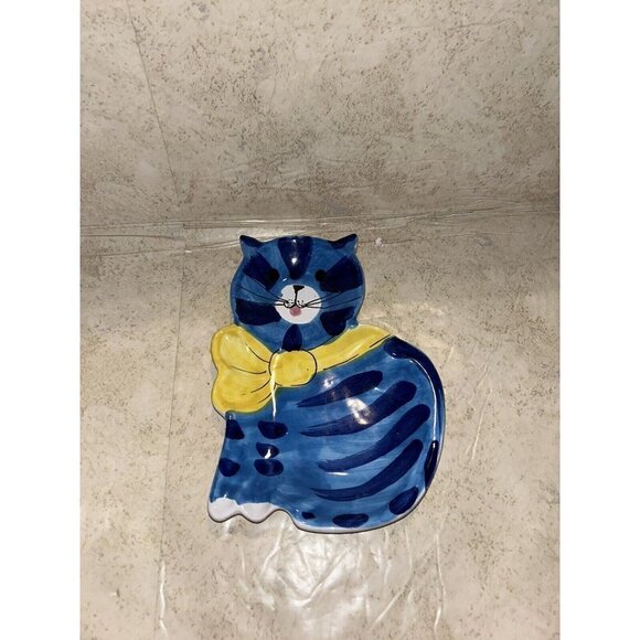 Vintage Italy Wall Hand Painted Blue Tabby Striped Yellow Ribbon Cat Decor - Picture 2 of 7